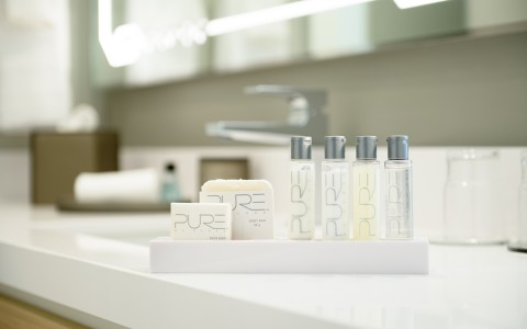 up close of travel size bath amenities 