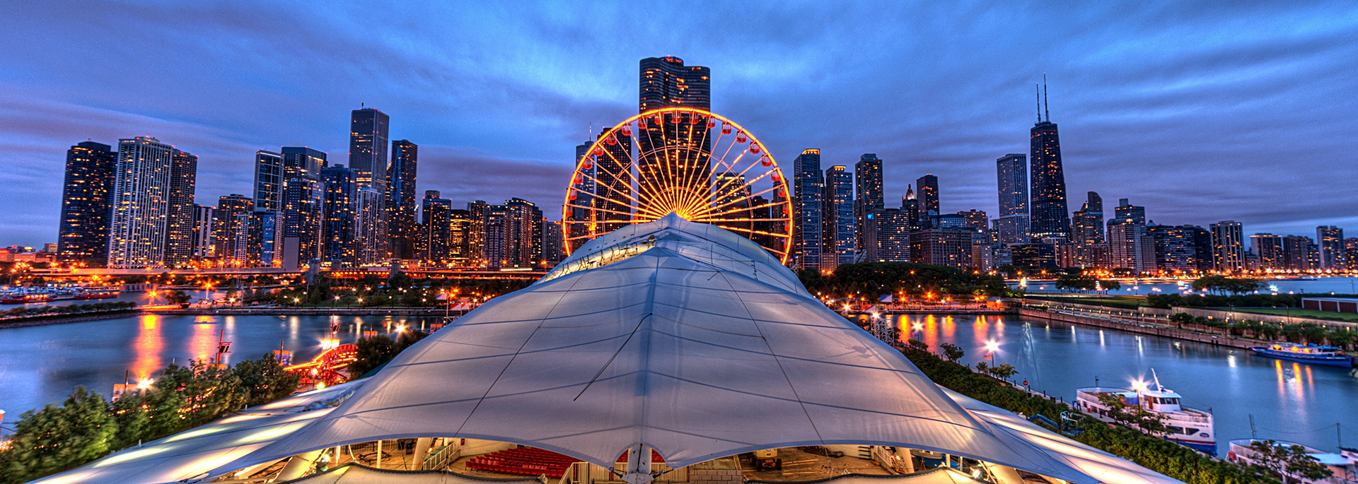 view of chicago skyline with ferris wheel in foreground