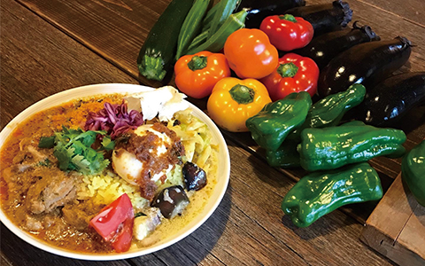 A plate of curry rice topped with vegetables