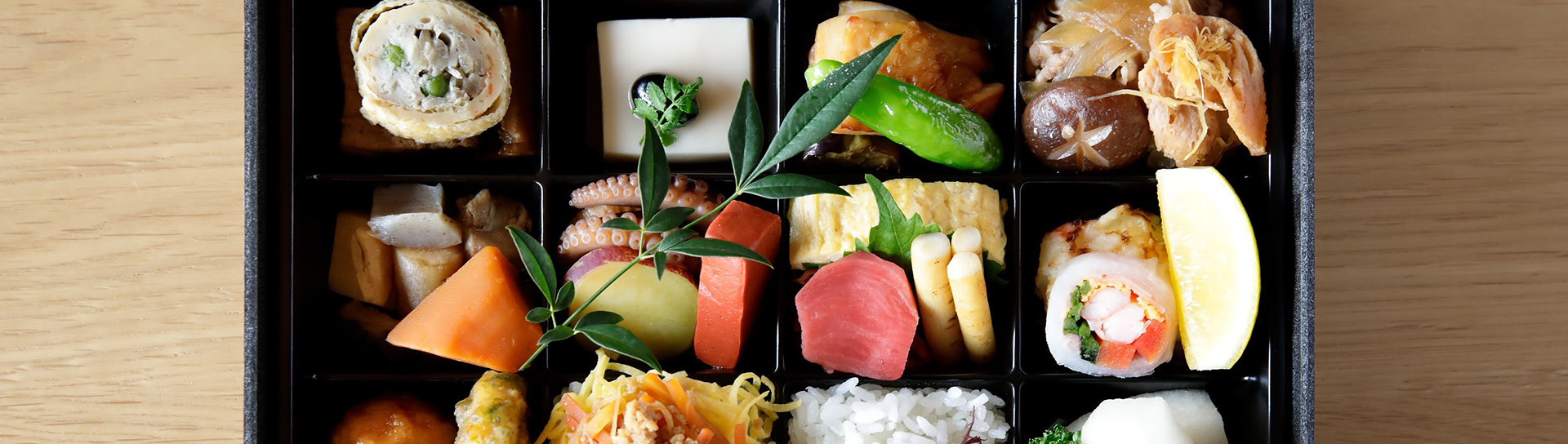 overhead view of bento box filled with food