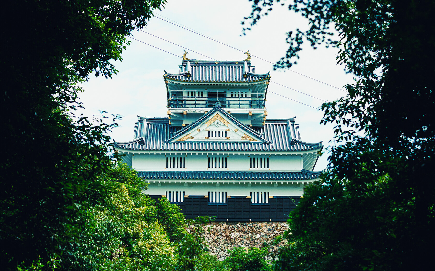 a traditional Japanese building and architecture seen from a gap between lots of trees