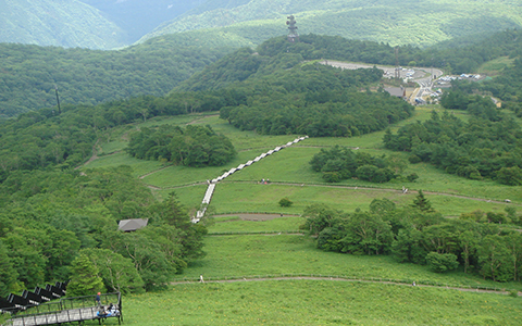 Aerial view of Kirifuri Highland surrounded by green trees and mountains
