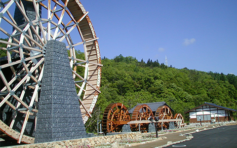 View of the five watersheels of Shokawa in Gifu Prefecture