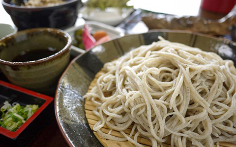 A plate of cold soba noodles with a cup of broth
