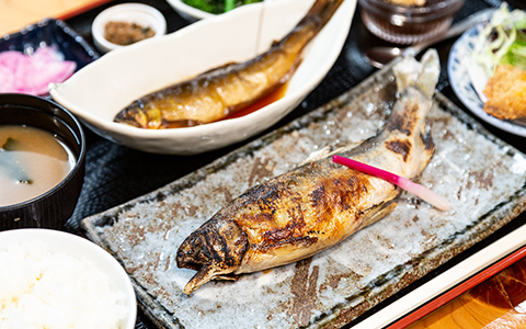 Grilled and boiled fish served with rice and miso soup