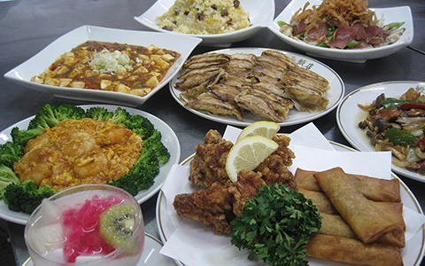 Plates of mapo dofu, gyoza dumplings, egg rolls, and fried chicken