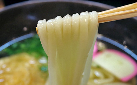 Chopsticks picking up udon noodles from the bowl