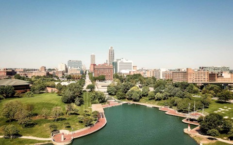 aerial view of lake near downtown Omaha