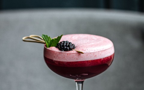 red frothy cocktail with a blackberry garnish