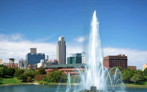 downtown Omaha with a sunny fountain 