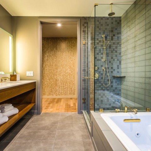 hotel bathroom with bathtub