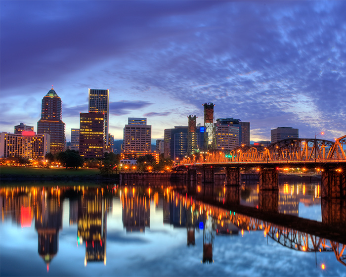 View of a city skyline at dusk
