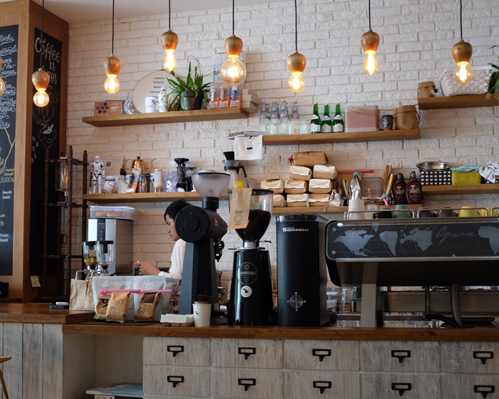 cafe shop that is well lit and has neutral colors