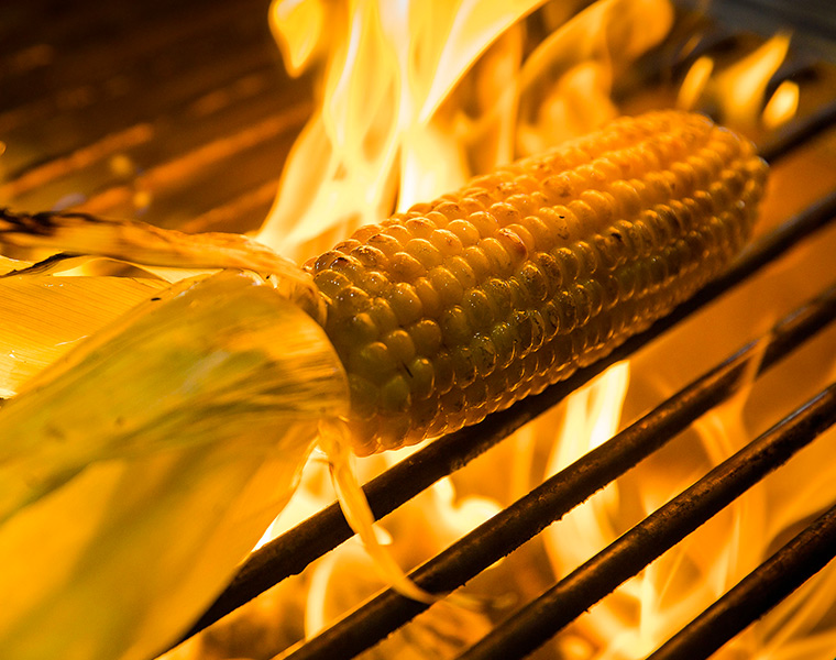 whole corn roasting on the grill