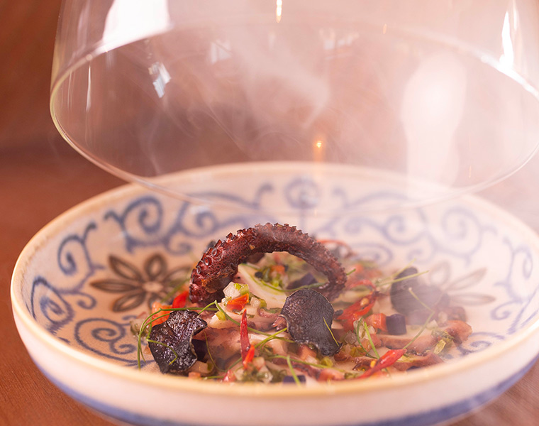 close up of a smoked seafood dish with octopus