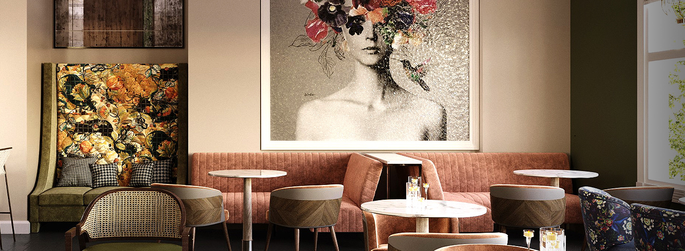 Seating area with large painting of a woman hung on wall