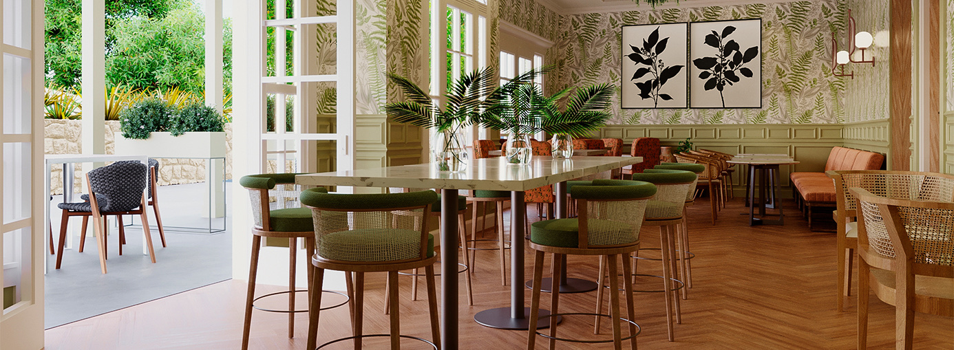 restaurant tables with green and neutral tones