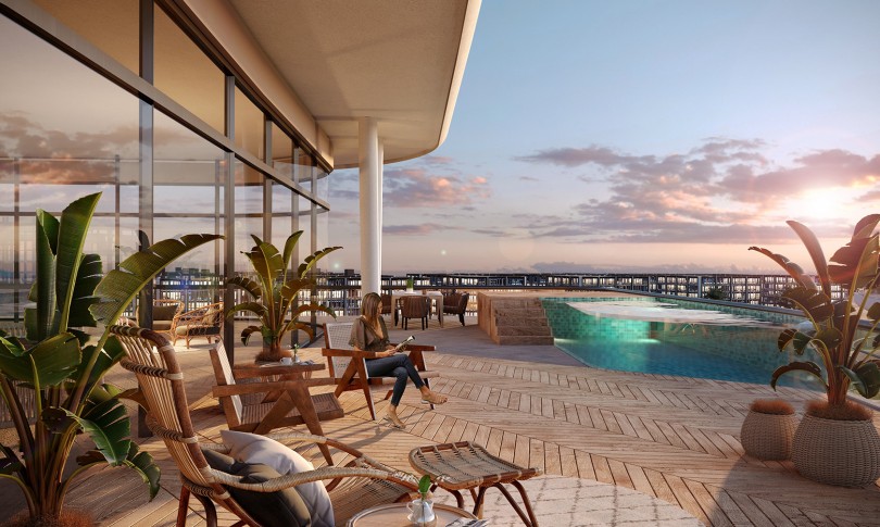 Rooftop night view with furnitures as chairs and palm tress,